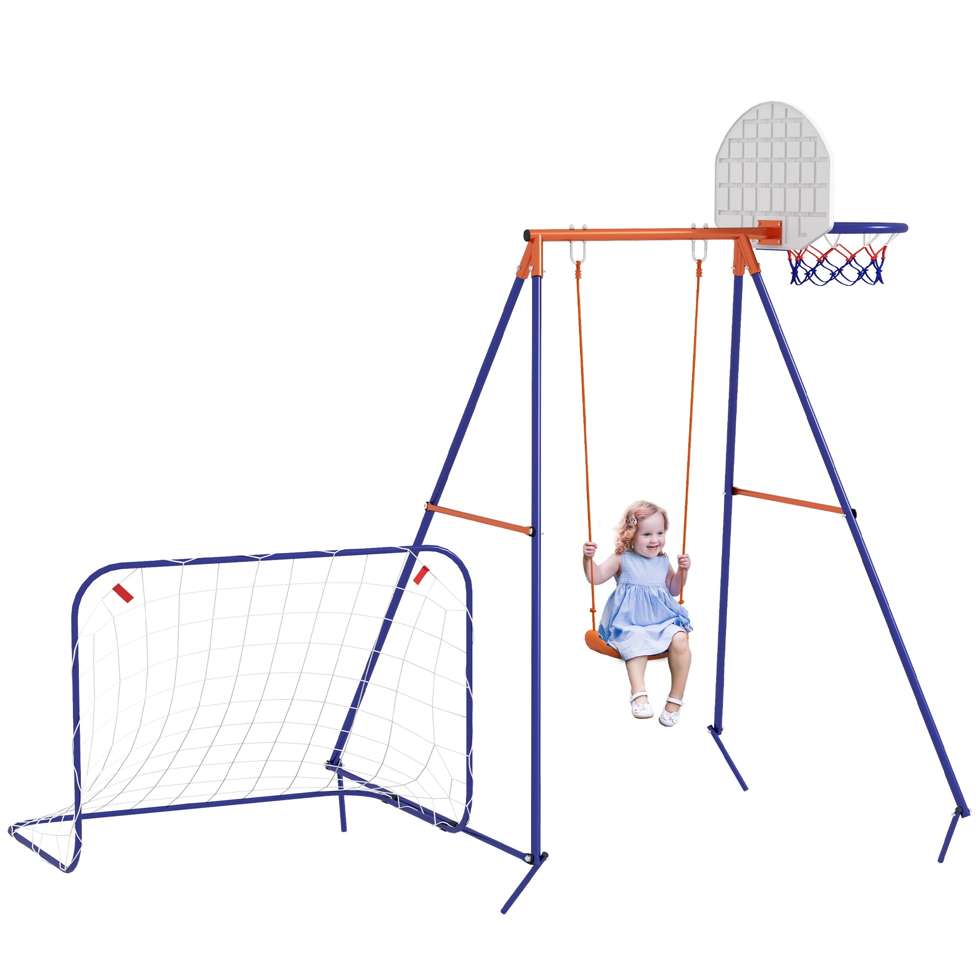 Outsunny Swing Set for Kids w/ Swing Seat, Basketball Hoop, Football Goal