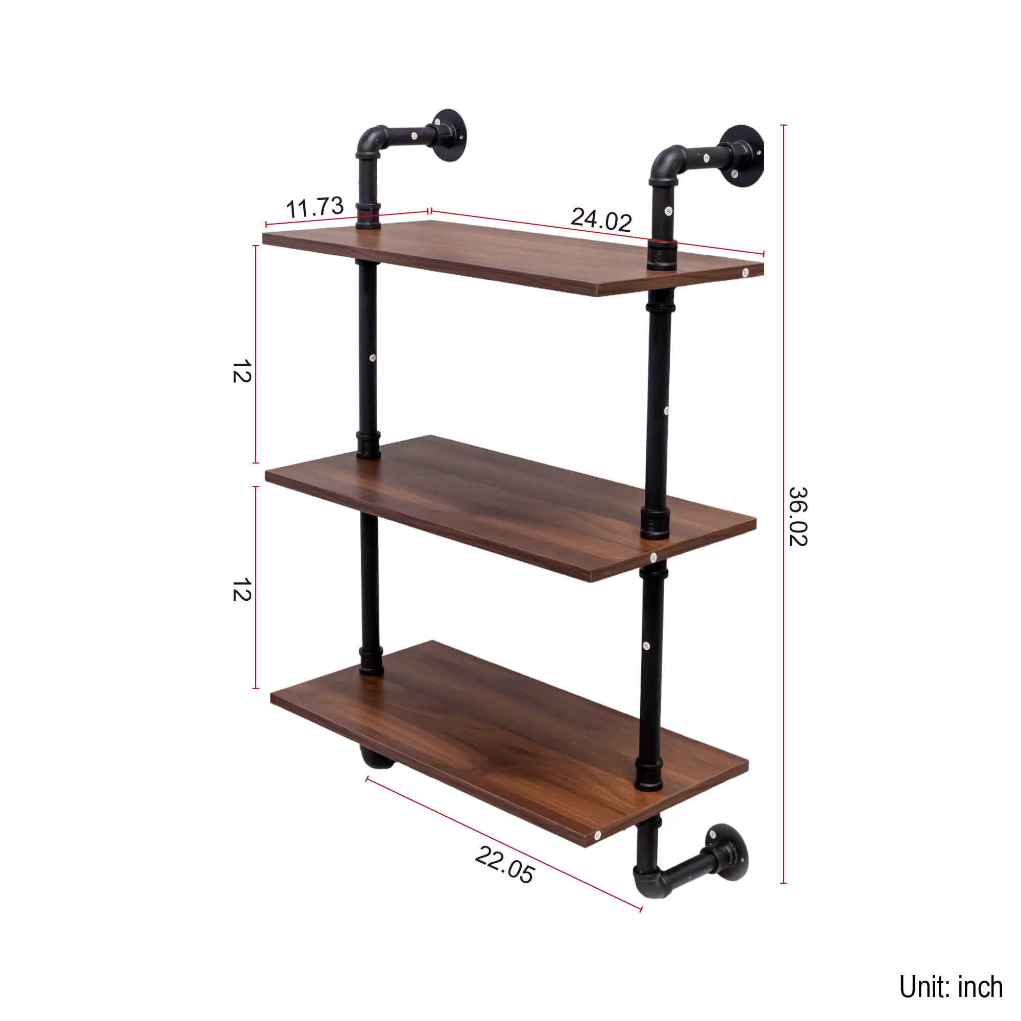 Mintazer Industrial Pipe Wall Shelves, Farmhouse 2-Tier & 3-Tier Floating Shelves with Hooks for Bedroom Kitchen, Walnut Brown