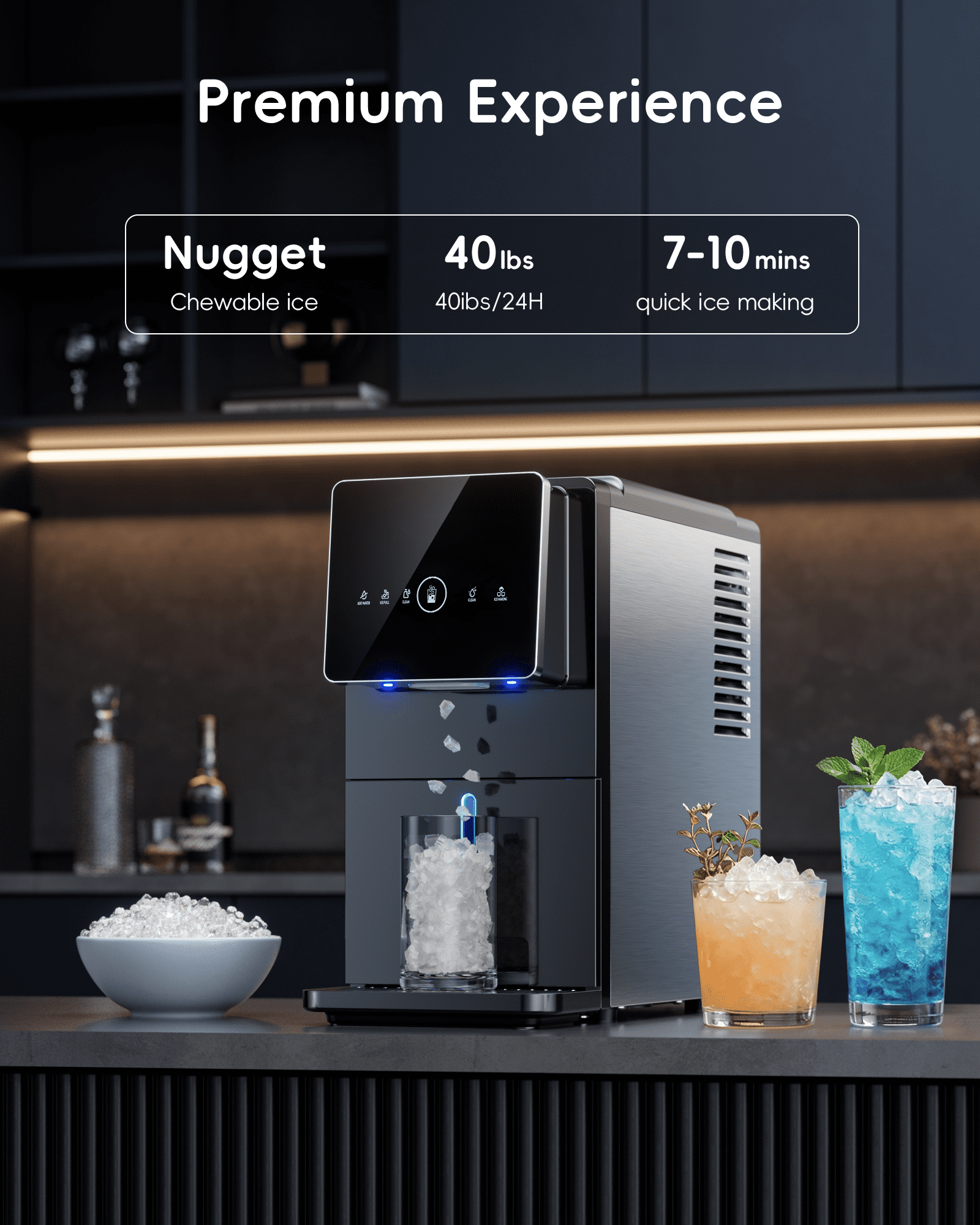 Ecozy Chillio Nugget Ice Makers Dispenser 40 lbs Per Day Pebble Sonic Ice Machine Countertop, Touch-Free Ice, Self-Cleaning, Mistalo Drop Slim for Home Kitchen Office