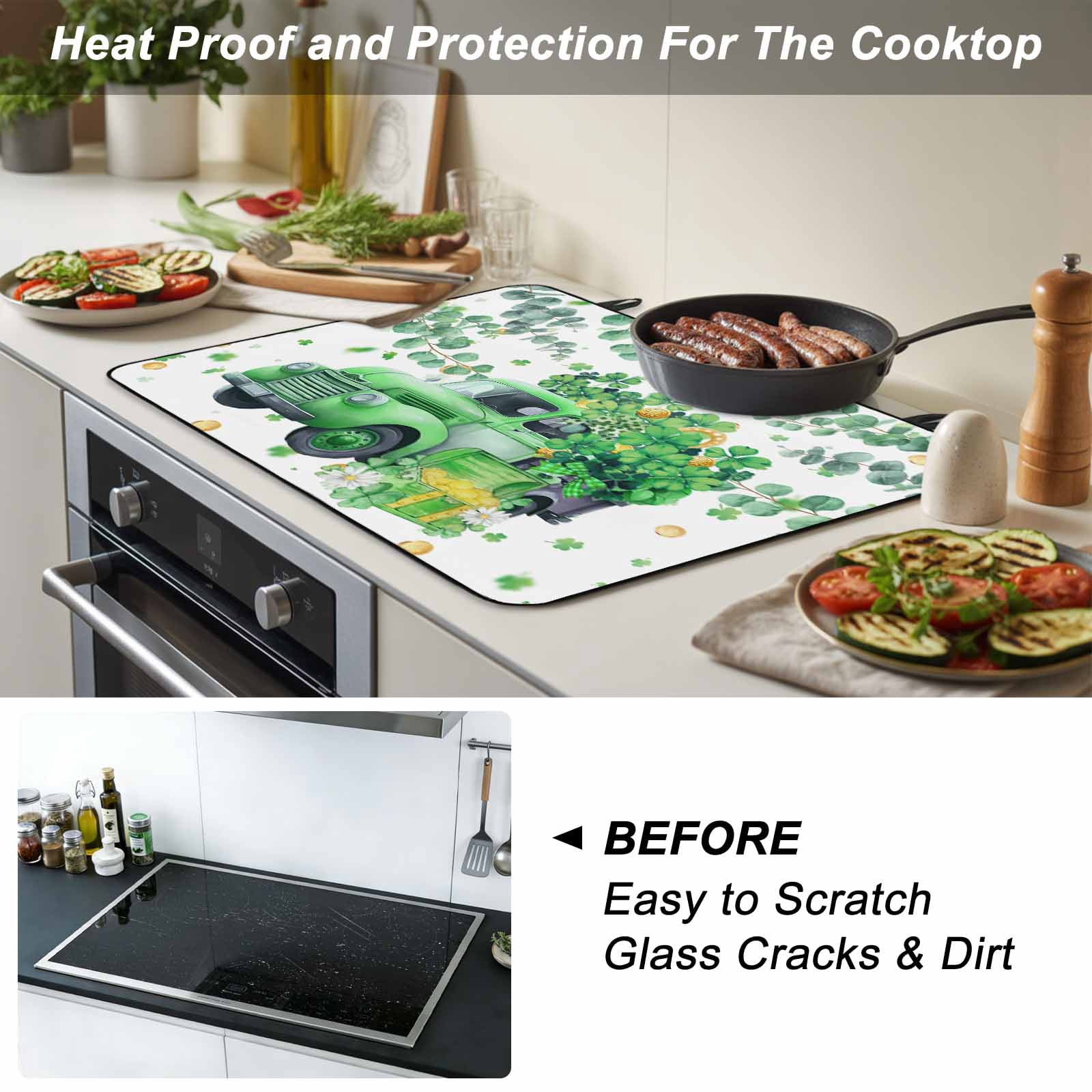 Green Truck St. Patrick's Day Stove Top Cover for Electric Stove, Heat-proof & Non Slip Glass Top Stove Cover Protector, Lucky Eucalyptus Leaves Kitchen Flat Cooktop Rubber Mat 24x21 Inches