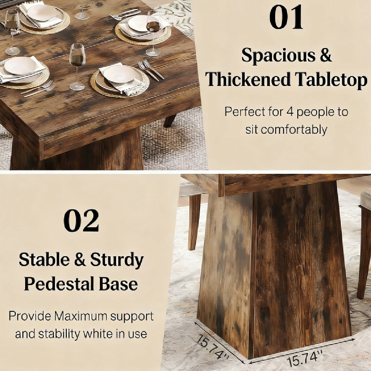 Dining Table, Farmhouse Style, Seats 4, Grey Wood Grain, 31.5 in L x 31.5 in W x 29.53 in H