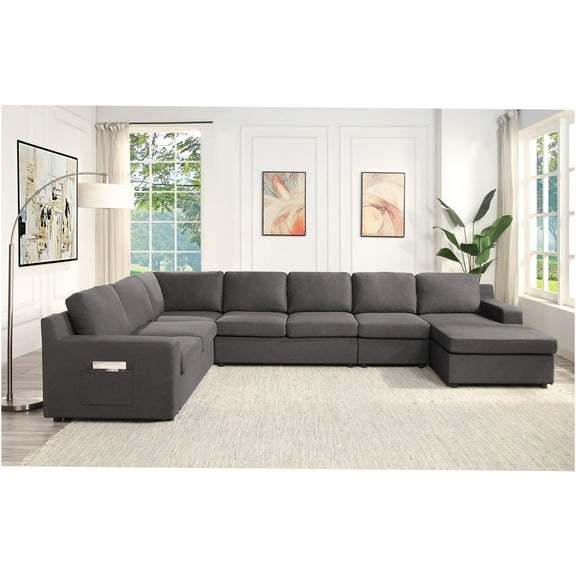 JERFIT Modern U-Shape Sectional Sofa with Chaise, 7-Seater Linen Fabric Couch for Large Living Room, Gray