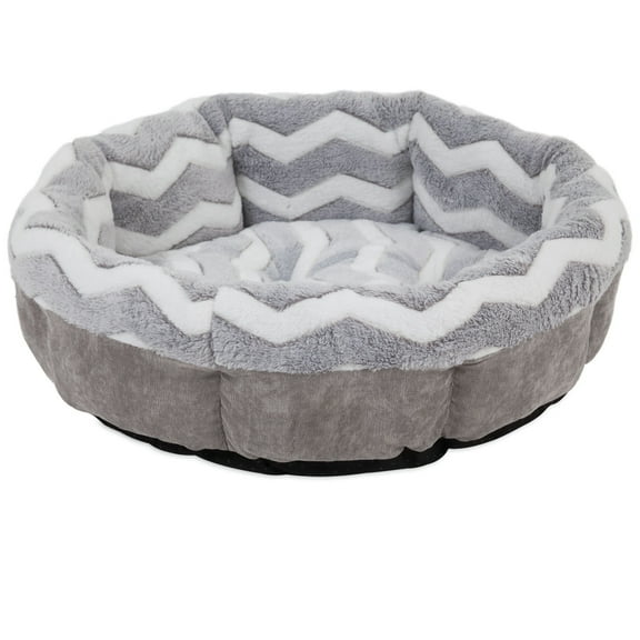Petmate Round Shearling Bolster Dog Bed, 21'' For Small Dogs & Cats, Zig Zag Gray and White