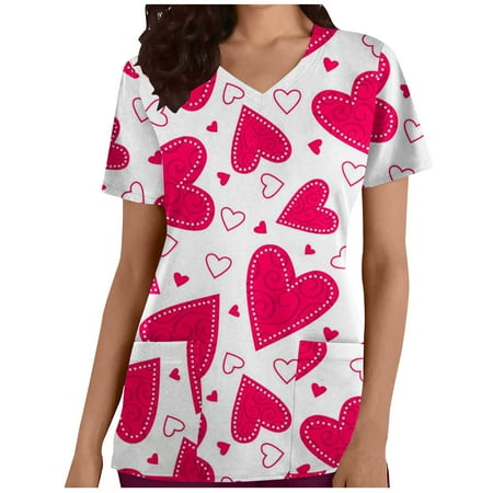 

YWDJ Valentine s Day Scrub Tops for Women Plus Size Dressy Casual Hearts Print with V Neck Short Sleeve Pink XL