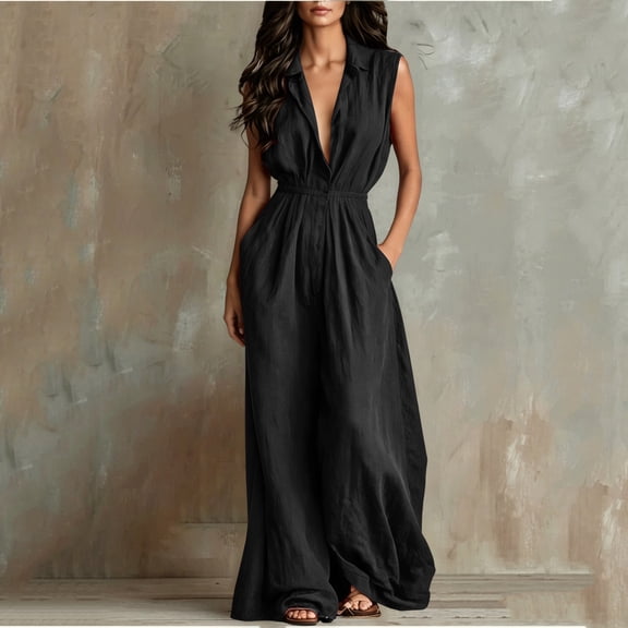 Costeam Womens Sleeveless Collared V Neck Full Length Jumpsuit Dual Side Slip Pockets Drawstring Cinched Elastic High Waist Lightweight Flowey Wide Leg One Piece Casual Outfit
