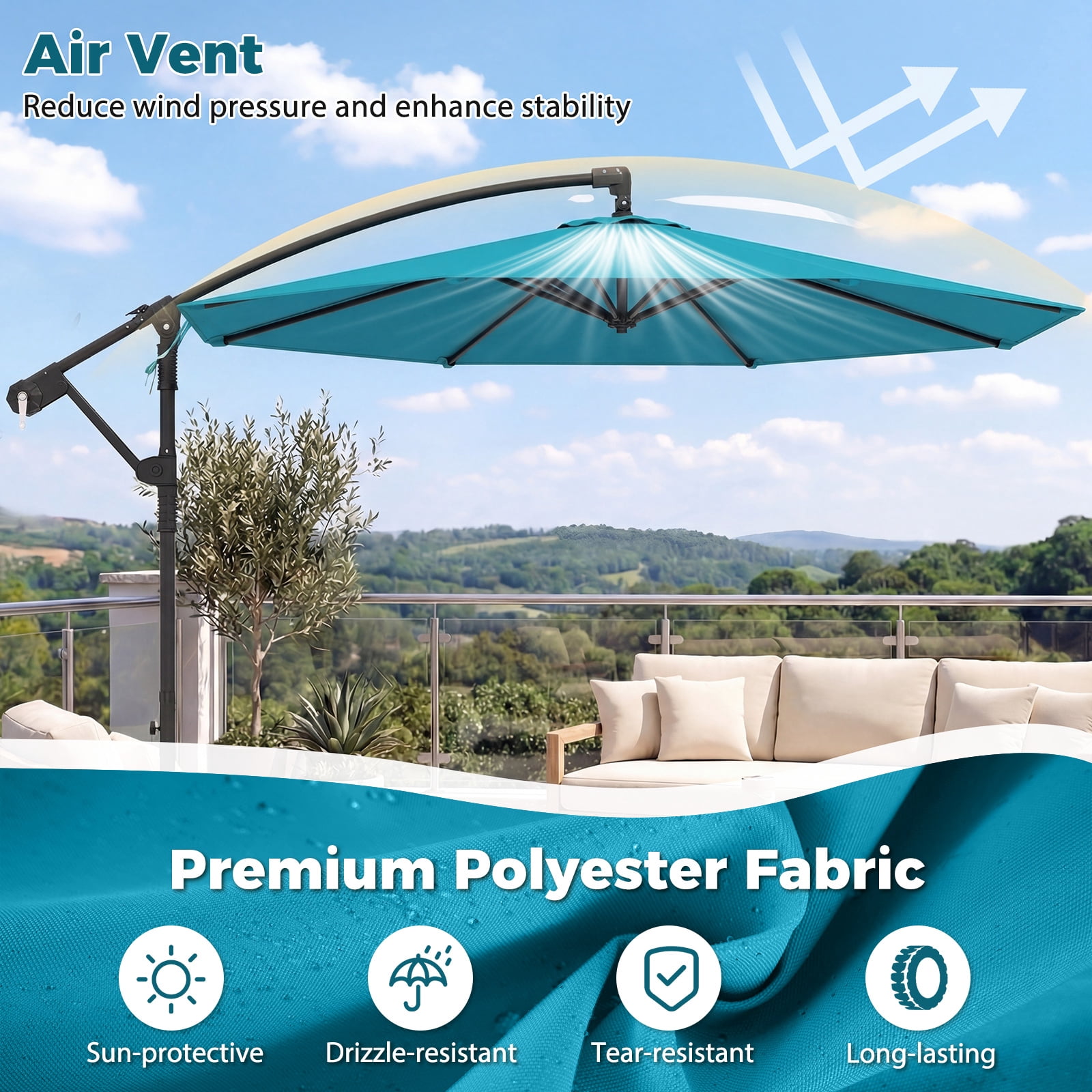 Costway 10 FT Offset Hanging Umbrella with Base Patio Cantilever Umbrella 360° Rotation Turquoise