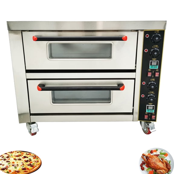 220V 6.4KW Commercial Movable Double-Decker Pizza Oven Electric Bread Snack Meat Maker Machine