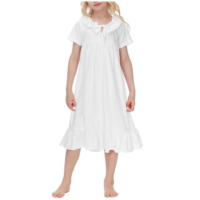 Vestido de Verano de Manga Corta Cuello Redondo Encaje Recorte Vestido Casual de Ropa de Casa 95% Algodón 5% Rayón para las Niñas, Camiseta de Primavera Vestido de Juego para Niños