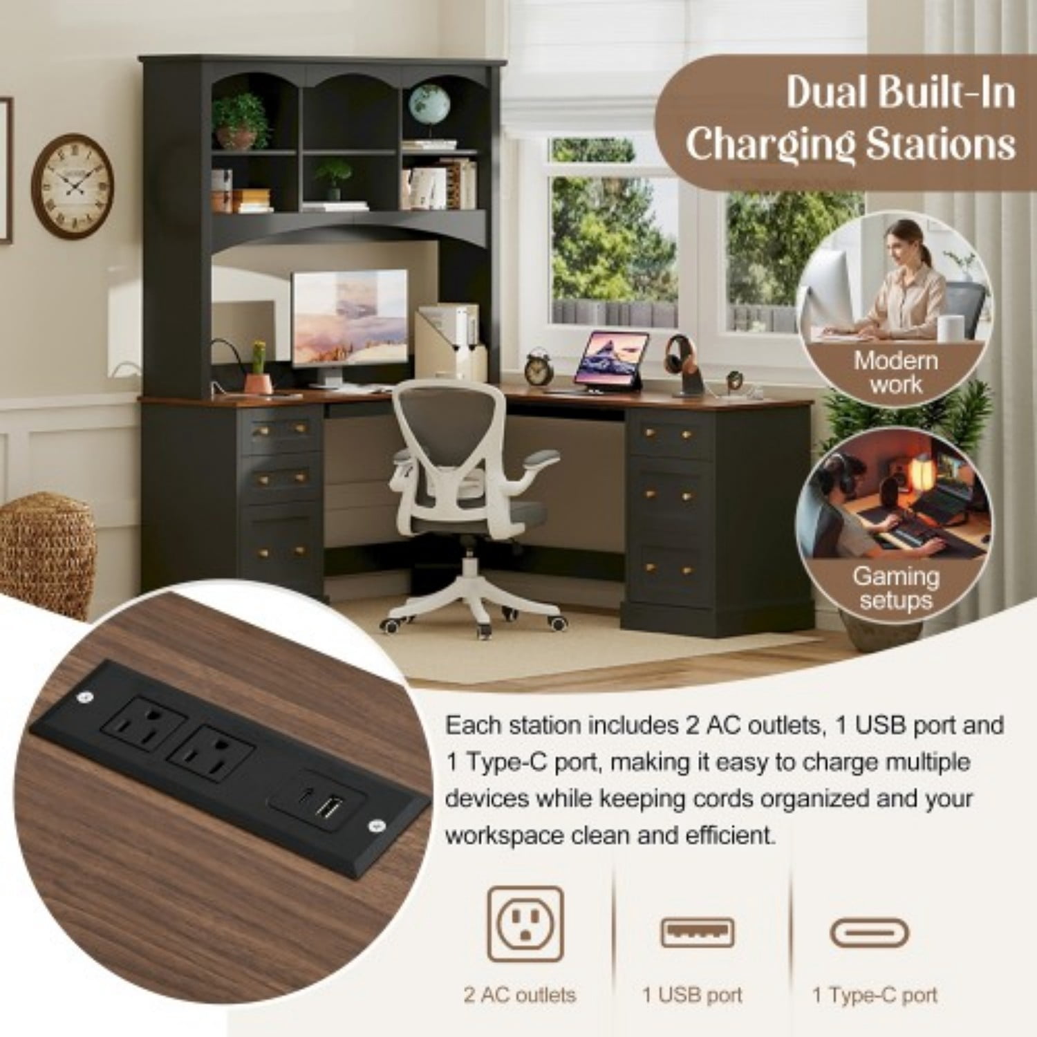 L-Shaped Farmhouse Computer Desk with Hutch, Corner Home Office Desk with File Drawer, Keyboard Tray & Dual Charging Stations, Large Workstation Writing Desk with Storage Cabinets, Black