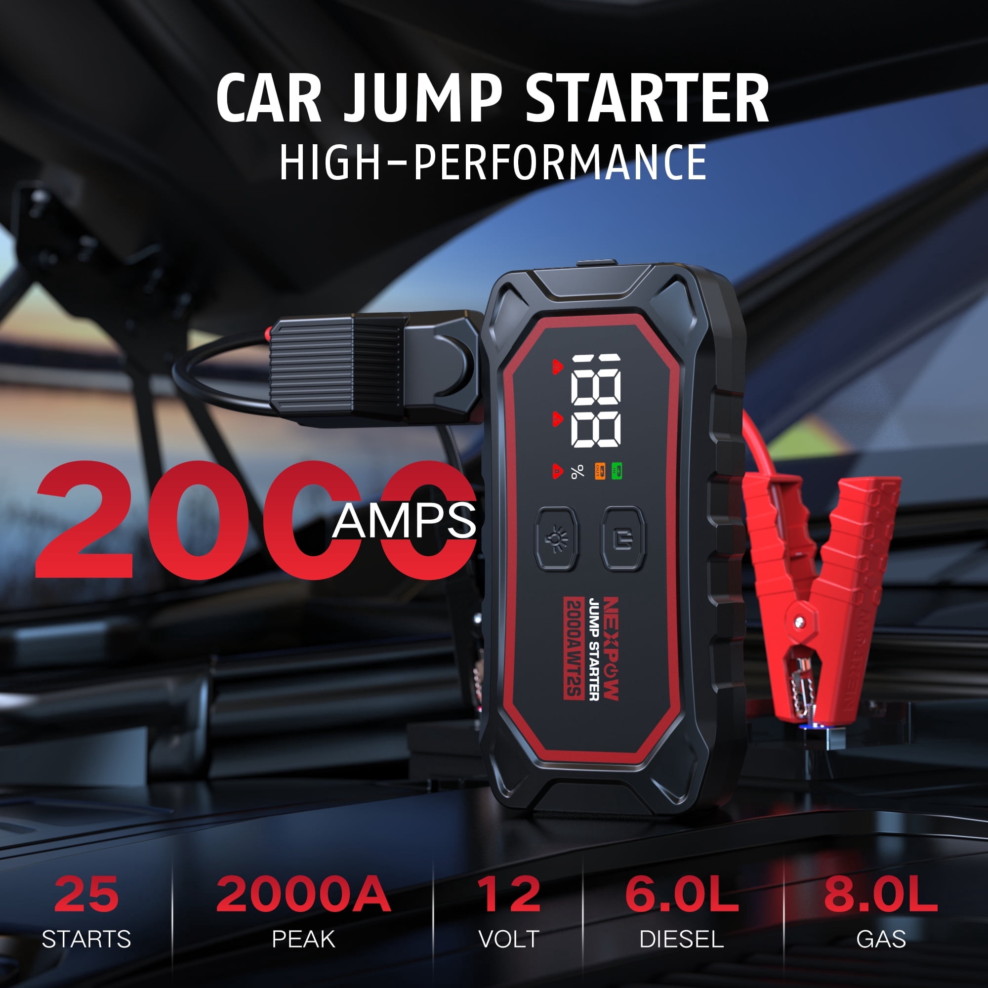 NEXPOW Car Jump Starter, 2000A Peak Car Jumper Starter Battery Pack for Up to 8.0L Gas & 6.0L Diesel Engines, 12V Portable Jump Box with 3 Modes Flashlight and Jumper Cable