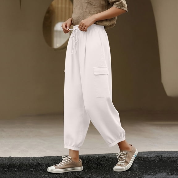 Sevevn Women's Cargo Jogger Pants High Waist Drawstring Elastic Waist Side Pocket Cuffed Ankles Casual Trousers Beige S