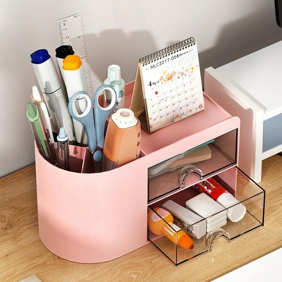 Bxaolu Makeup Organizer, Cosmetic Desk Storage Box with Drawers Small Items Organizers for Dressing Table, Countertop, Bathroom, Vanity Holder for Brushes, Lotions, Lipstick, Perfume, Pink