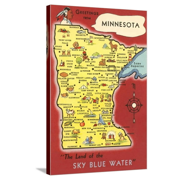 Art.com Map of Minnesota Stretched Canvas Print Wall Art, 24" x 36"