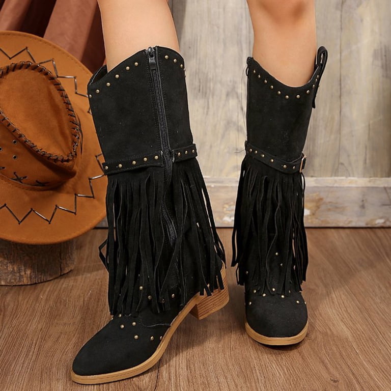 Modisza Fringe Knee High Boots Women Cowboy Cowgirl Western Tall Boot  Tassel Buckle Wide Calf Dress Riding Booties Black 9.5 - Walmart.com