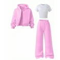 thumbnail image 3 of Dakiuu Girls Pants Set 3 Pieces Short Sleeve Tee Shirt Full Zip up Fleece Hoodie and Wide Straight Leg Jogger Sweatpants for Kids All Season Cute Matching Clothes Sweatsuit Set Pink 8-9 Years (8Y), 3 of 4