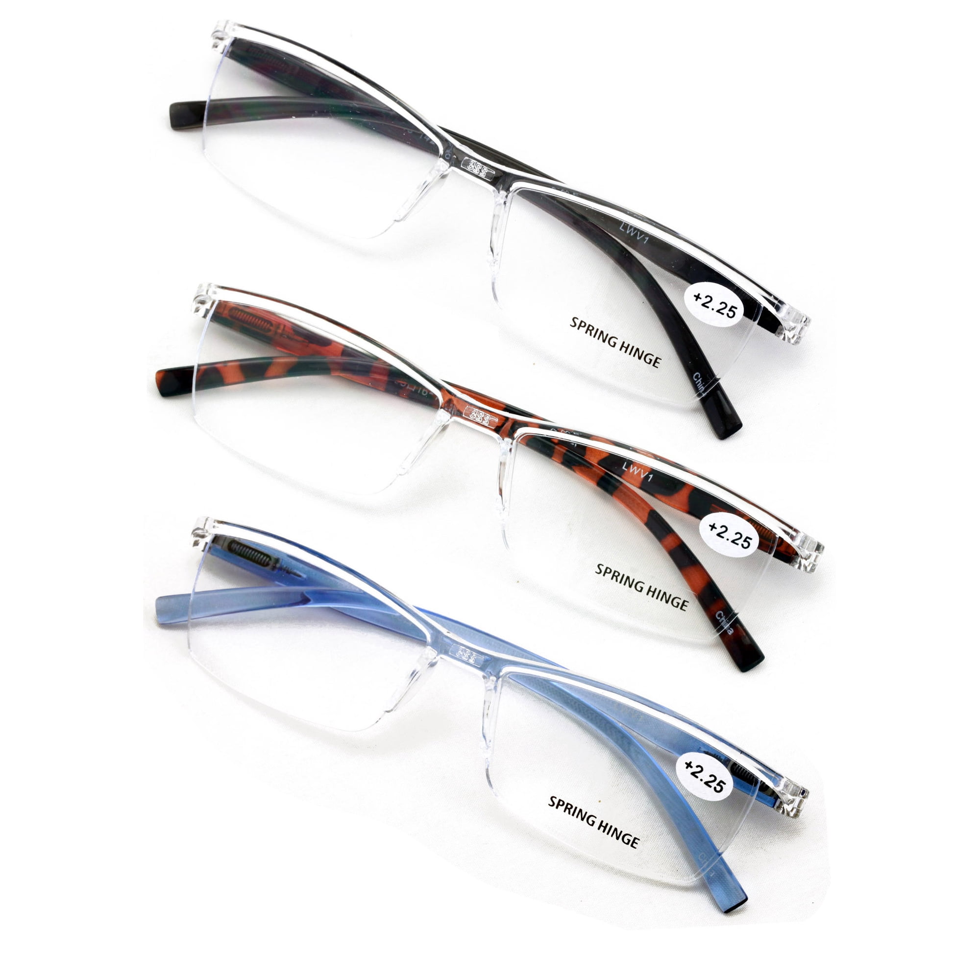 3 Pairs Lightweight Transparent Clear Lens Rectangular Readers with Spring Hinge - Men Women Reading Glasses +1.00