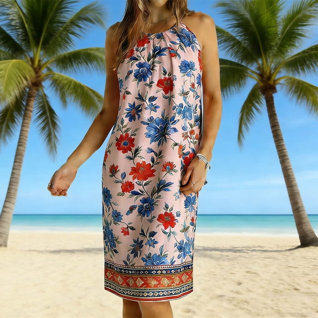 Roncen Robe Midi pour Femme Été Sans Manches à Col en V Robes Décontractées Coupe Ample Bohème Plage Vacances Robe d'Été à Imprimé Floral