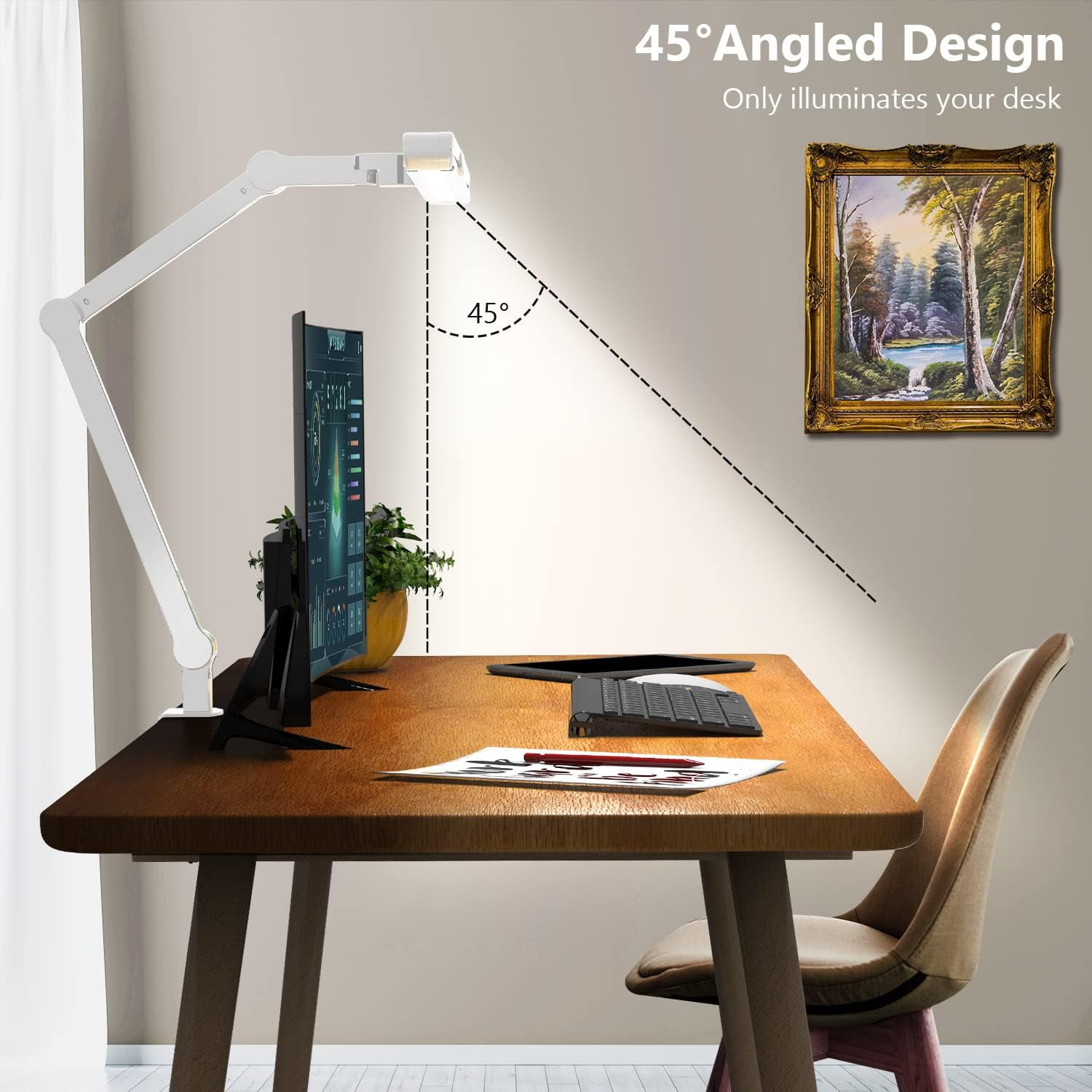 Desk Lamps for an Office in Home, LED Swing Arm Desk Lamp with Clamp, 24W Ultra Bright Auto Stepless Dimming and Tempering Table Light(White)