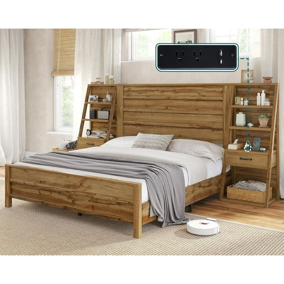 VanAcc Queen Bed Frame Farmhouse with 98" W Headboard, Bookshelves & Charging Station, Natural Oak