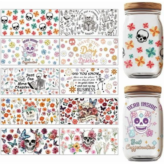 10 Sheets UV DTF Cup Wraps 10 Styles Skeleton Flower Printed UV DTF Cup Wrap Transfer Stickers Waterproof Transfer Stickers for Glass Cups Wood Crafts