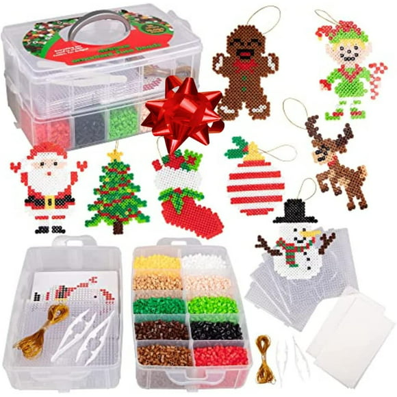 Christmas 10,000 pcs Special Holiday Fuse Bead Kit - Create Your Own DIY Ornaments (Xmas Tree, Stocking, Gingerbread Man Cookie, Ornament, Reindeer, Santa Claus, Snowman, Elf) - Great Craft Toy Gift