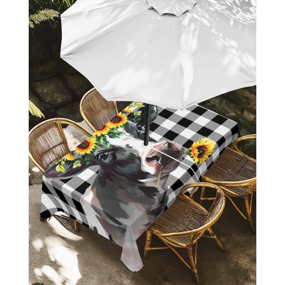 Outdoor Tablecloth with Umbrella Hole, Farm with Sunflower Zippered Table Cloth for Rectangle Tables, Country Buffalo Black and White Plaid Washable Waterproof Tablecloths for Picnic Patio Garden