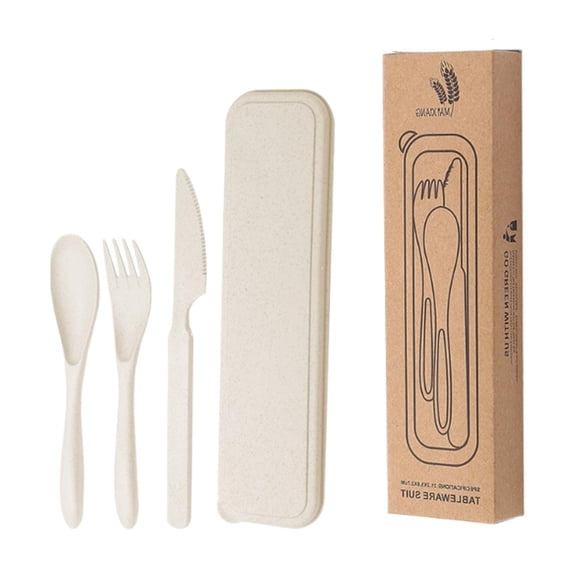 Utensilios de viaje Conjunto de cubiertos de la vajilla portátil reutilizable con estuche para senderismo en casa de la barbacoa de la barbacoa Beige