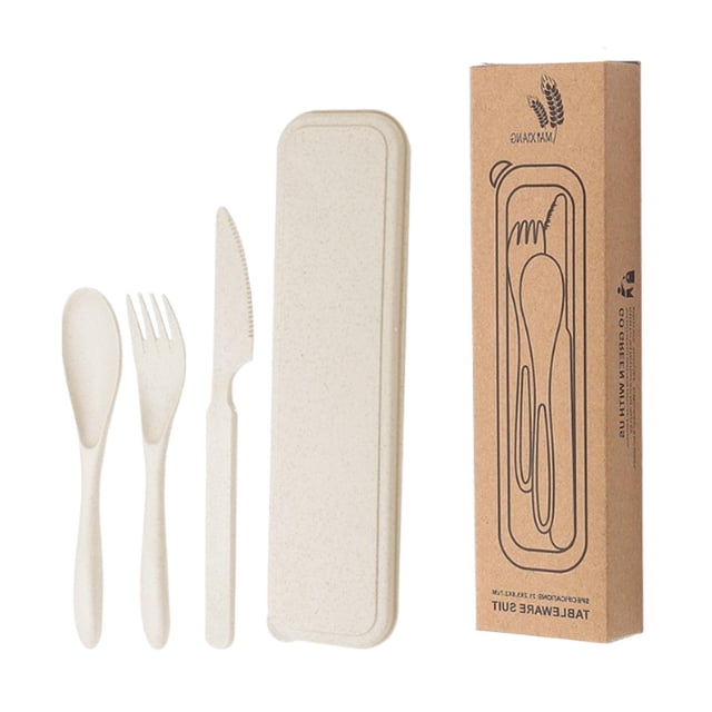 Juego de utensilios de viaje, vajilla reutilizable, portátil, para niños, juego de cubiertos ligeros Beige