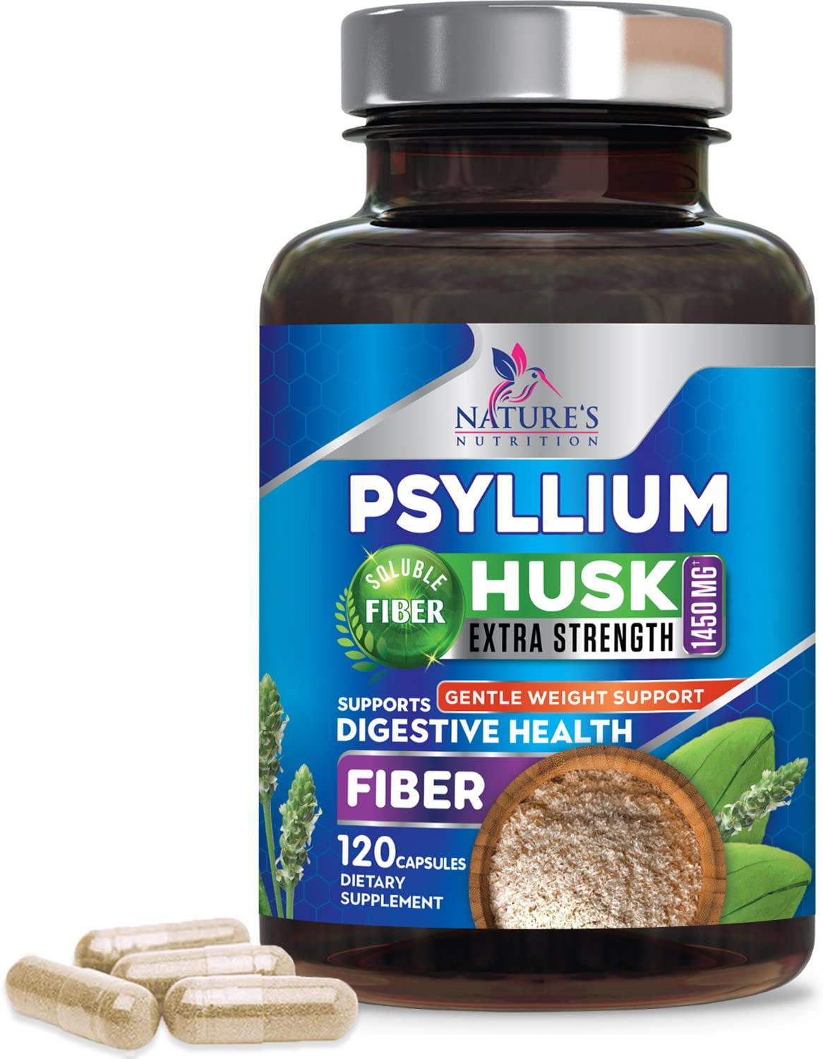 Nature's Nutrition Psyllium Husk Capsules, 1450 mg, 120 Capsules