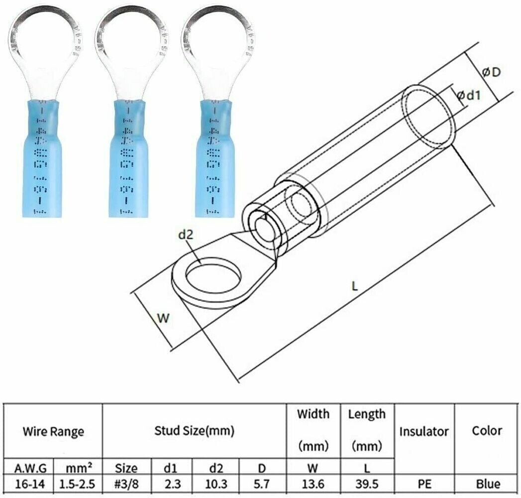 200Pcs Ring Eyelet Heat Shrink Wire 16-14AWG GA Gauge Connectors Terminals Kit