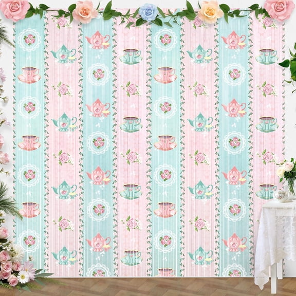 Neasyth 2Pack Tea Party Backdrop, Tea Party Birthday Decorations Flower Foil Fringe Curtains, Pink Green Tinsel Streamer for Women Birthday Party Photo Prop, 3.3X6.6Ft