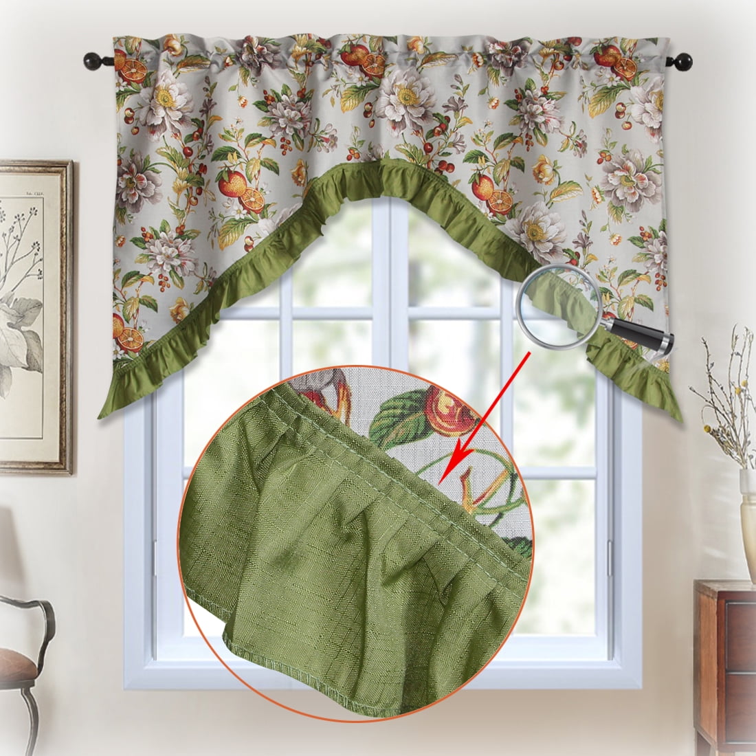 3 PC Kitchen Curtain Swag Set, Fruit Floral Rooster Printed Design Window Panels - Picture 38 of 62