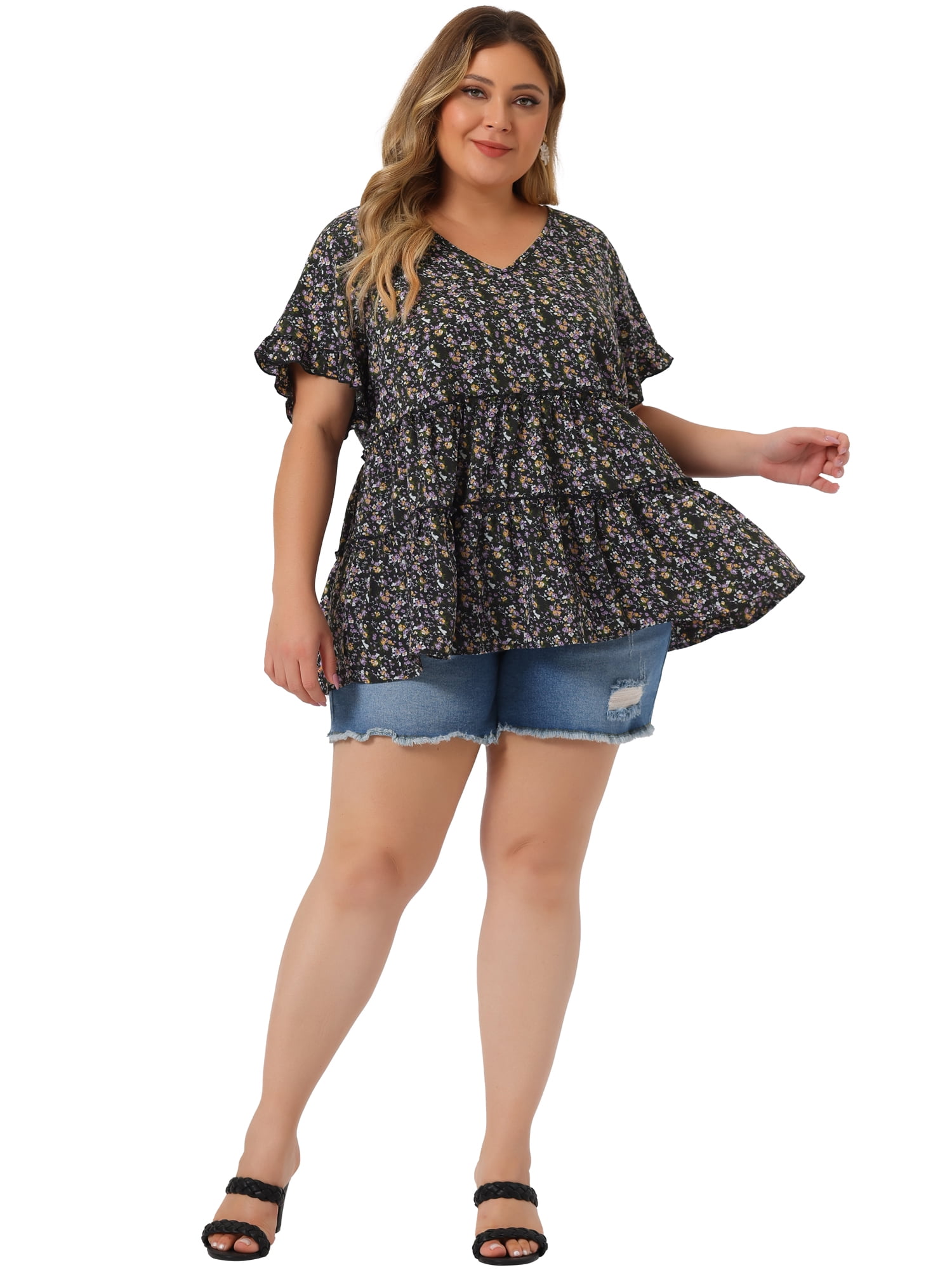 DARING DIVA Women's Plus Size V Neck Short Sleeve Floral Babydoll Blouse L Black Purple