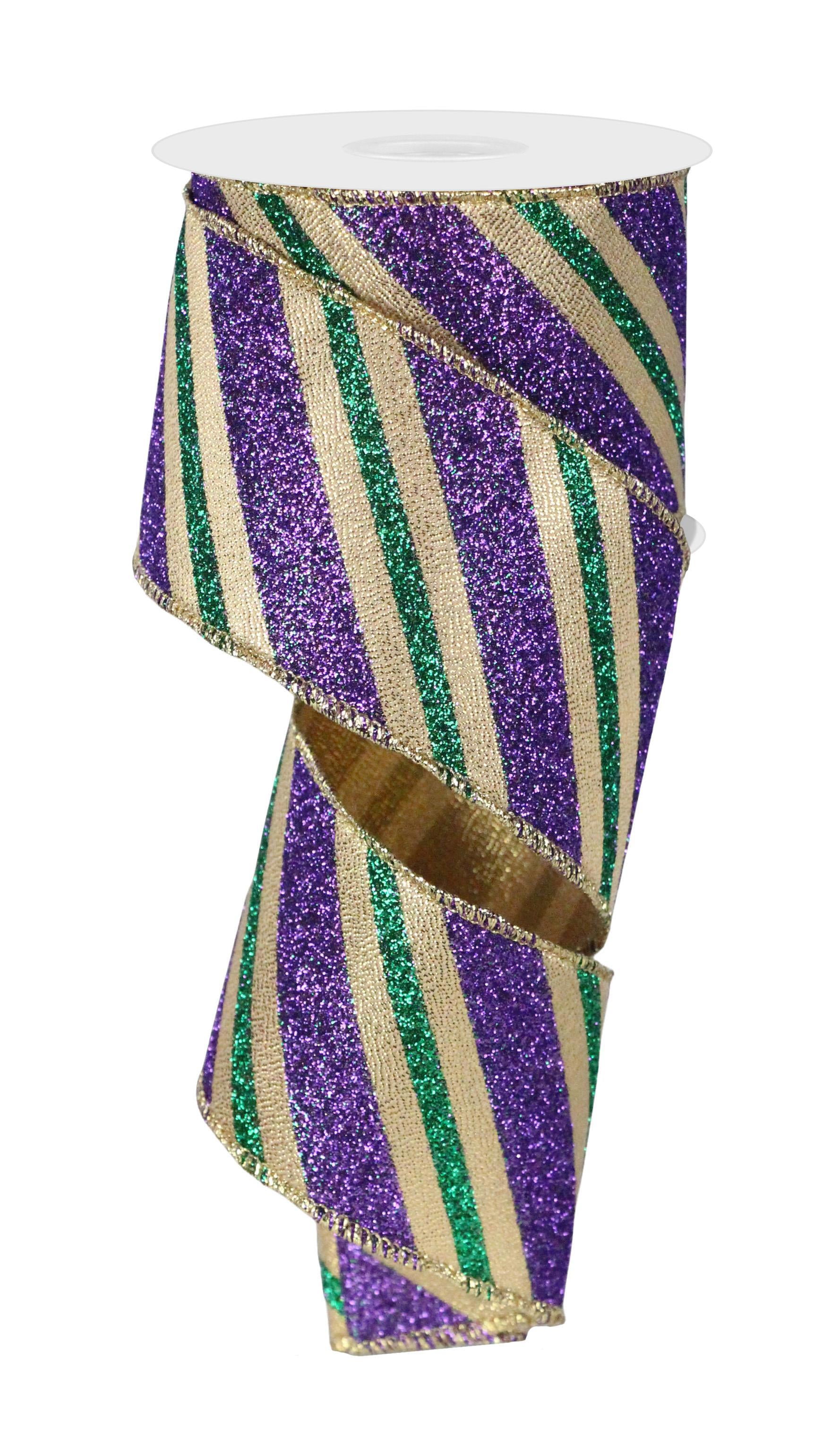 Glitter Striped Mardi Gras Ribbon - 2 1/2 x 10 Yards, Wired Edges, Purple,  Green & Gold Stripes, Christmas, Bows, Gifts, Wreath, Easter, Fat Tuesday,  Carnival, Spring 