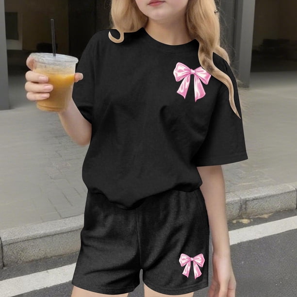 Conjuntos de blusas y camisas de cuello redondo y manga corta para niños, conjunto de dos piezas de top y pantalones cortos de manga corta con cuello redondo y manga corta para niños, top de poliéster