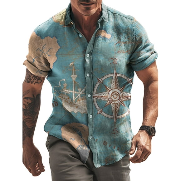 Fashnice Hommes Bouton vers le Bas Chemises d'Été Col Revers T-Shirt Décontracté Quotidien Style Tee-Shirt G S