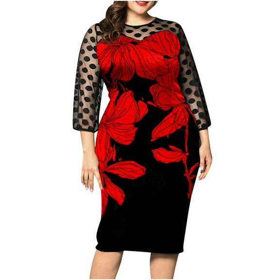 Fesfesfes Plus Size Dress for Women Round Neck Bodycon Dress Mesh Patchwork 3/4 Sleeve Evening Dress Knee Length Semi Formal Cocktail Party Dress