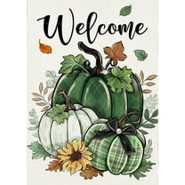 Welcome Fall Green White Pumpkin Decorative Garden Flag, Autumn Thanksgiving Sunflower Leaves Yard Outside Decorations, Plaid Check Farmhouse Outdoor Small Home Decor Double Sided 12.5x18