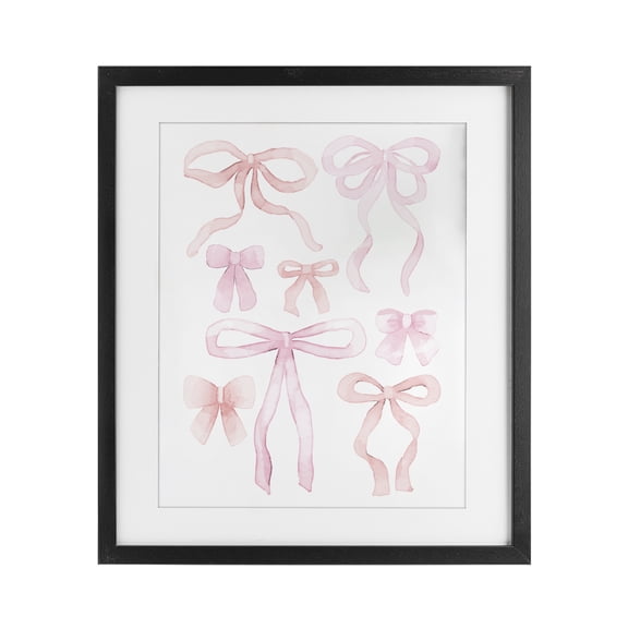 Feminine Chic Bows Black Framed Print Under Glass, design by Kim Allen