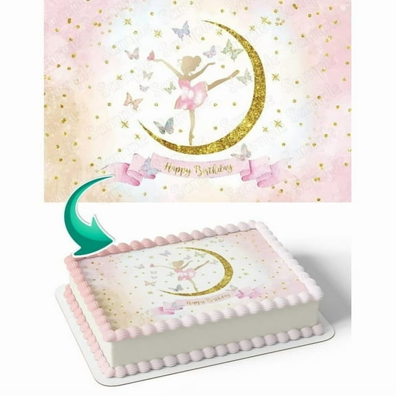 SugarMeLicious Edible Ballet Dancer Cake Topper 1/4 Sheet Image with Pink Moon and Butterflies Personalized Birthday Banner for Parties Edible Cake Decoration for 8.5 x 11 Inch Cake