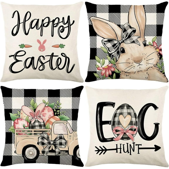 Happy Easter Pillow Covers 18x18 Inch Set of 4, Rabbit Bunny Eggs Carrots Farmhouse Decorative Throw Pillow Cases for Home Sofa Couch Decor