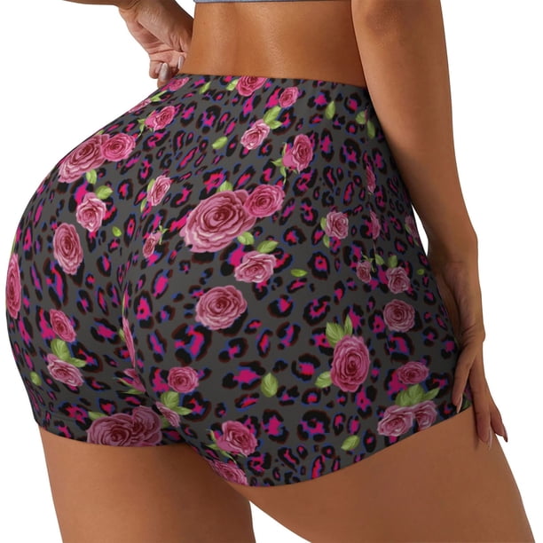 Fotbe Rose Mix Leopard 2 Shorts Sin Costuras – Shorts Deportivos de Cintura Alta para Mujer, Elásticos para Gimnasio, Yoga, Running o Ciclismo-Large