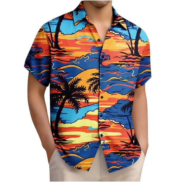 Blusa y camisa de franela de manga corta con cuello vuelto para hombre, camisa/top de franela de manga corta con estampado hawaiano, camisa deportiva informal de franela para hombre, blusa para hombre