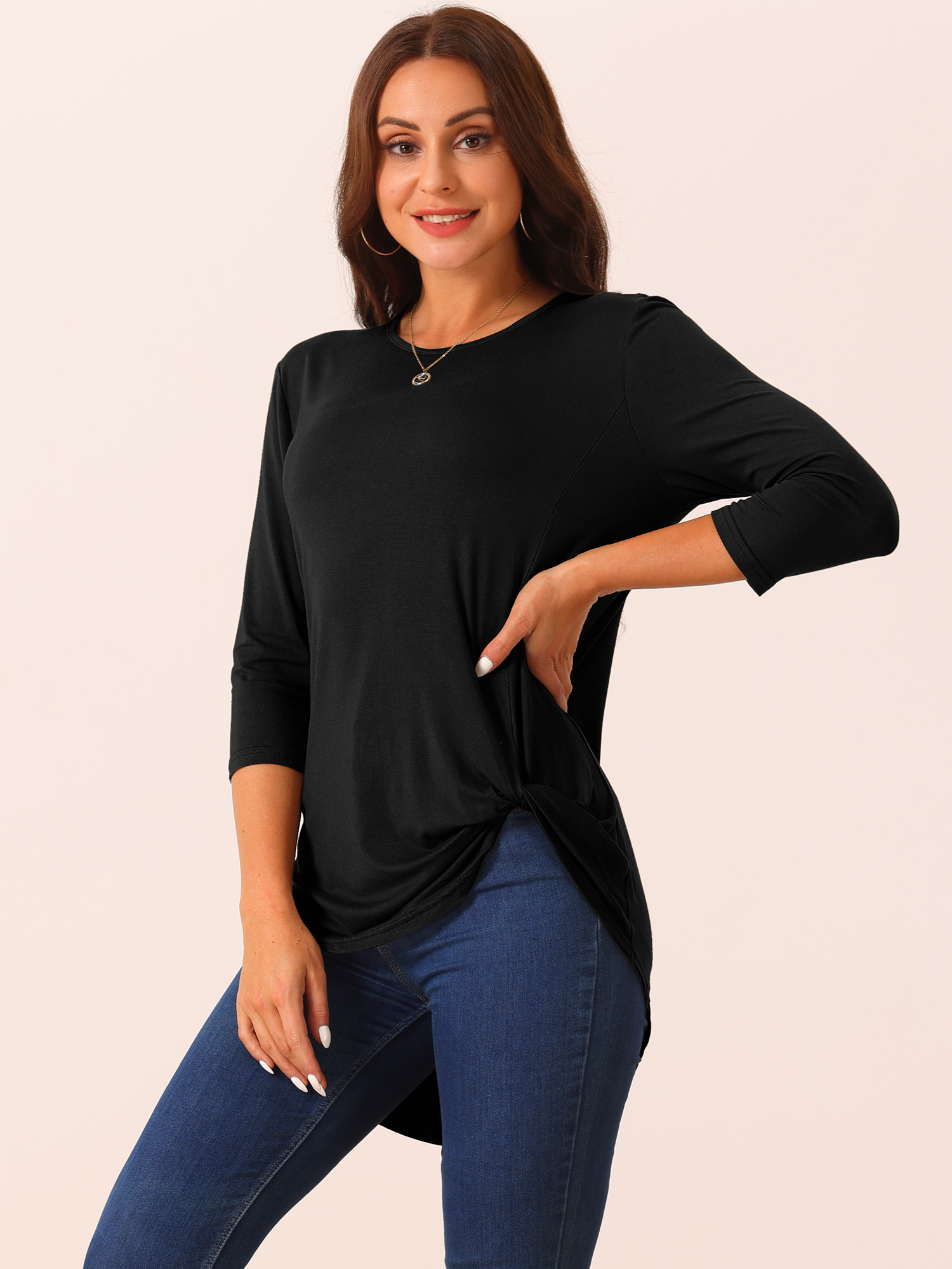 DARING DIVA Women's Tunic Top Crewneck 3/4 Sleeve Asymmetrical Blouse Black M
