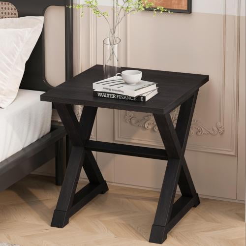 Square Accent Table End Table Nightstand with Wood Trestle Base Space Saving for Living Room Bedroom, Black