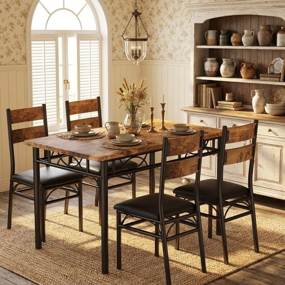 5-Piece Dining Table Set for 4 Rectangular Kitchen Table with High-Back Chairs