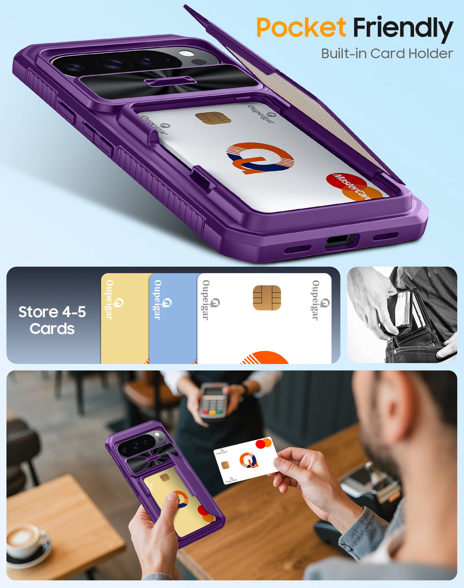 Vizvera for Google Pixel 10 Pro XL Wallet RFlD Cards Holder,Camera Control,Camera Cover,Rugged Shockproof Silicone Protective Phone Case-Purple
