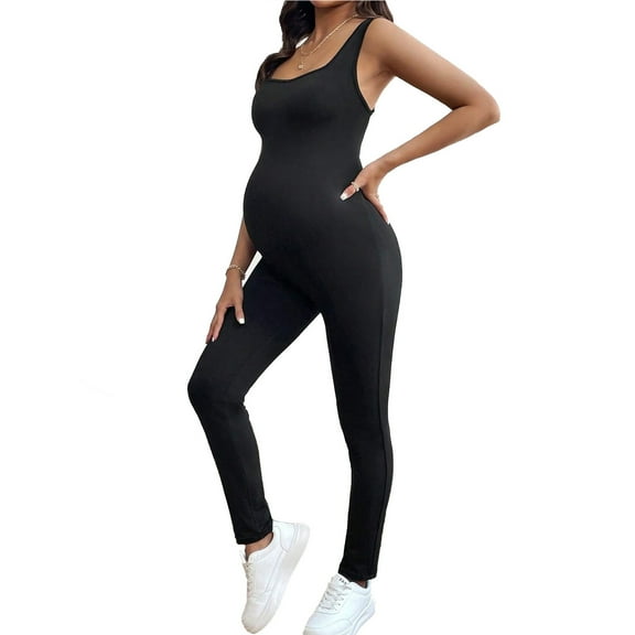 Wancir Maternity Jumpsuit Sleeveless Spaghetti Straps Bodysuit for Pregnant Women Fitted Maternity Romper