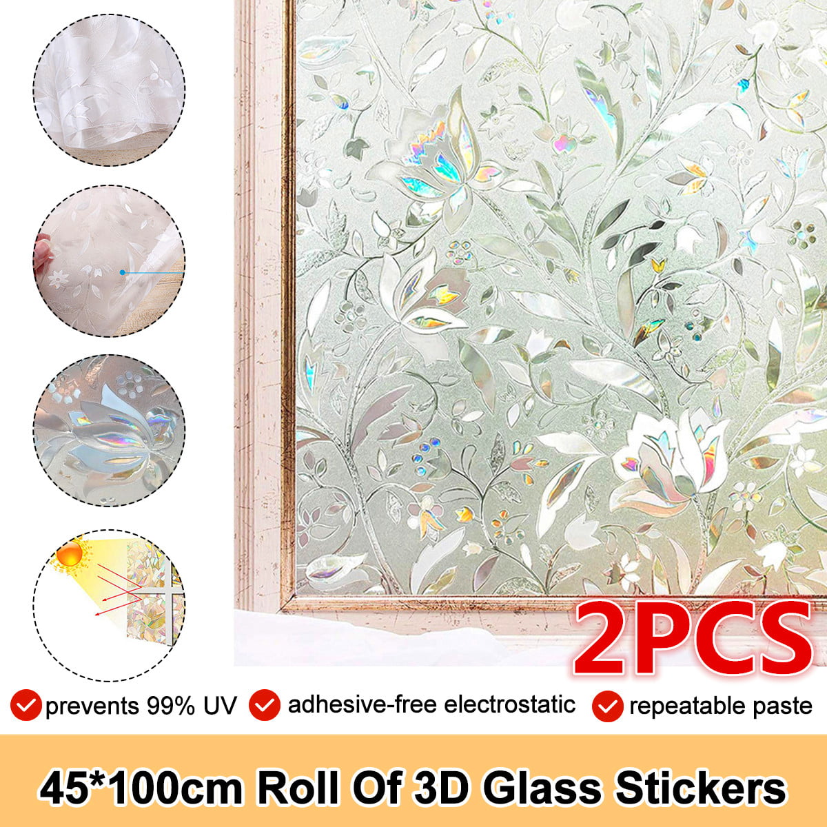 Rainbow Reflective 3D Window Film 45/90x200cm Privacy Static Cling Glass Sticker 