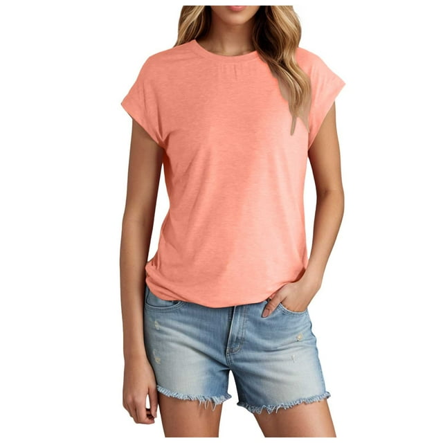 Lixiuxyad Women's Summer Short Sleeved T Shirt Solid Color Covered Sleeve Top Red XXL